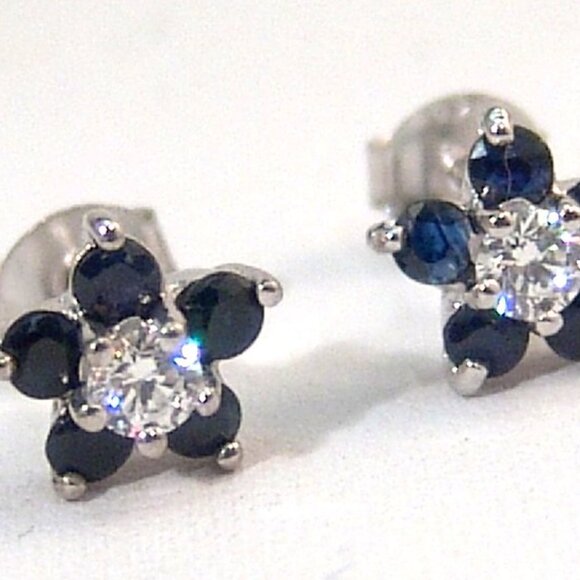 Genuine Sapphire Sterling Silver Stud Earrings Anti-tarnish Flower Design - Picture 5 of 8